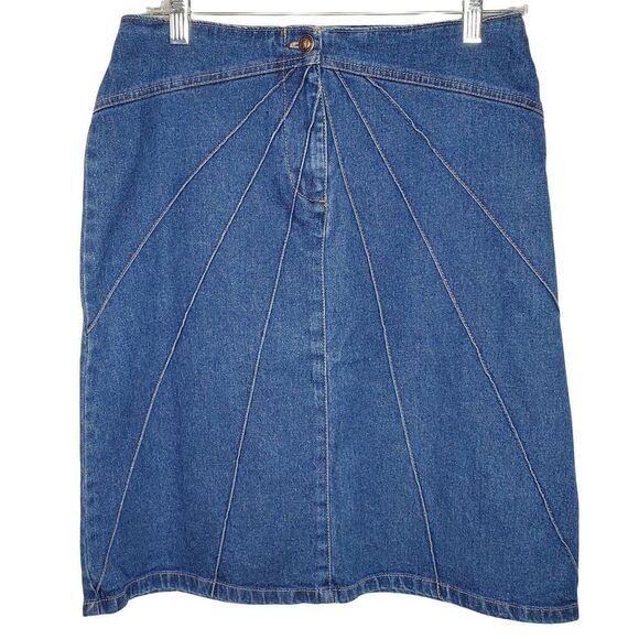 Vintage Denim Skirt Patchwork Look Diagonal Stitches Knee Length Straight 6 - Picture 1 of 3